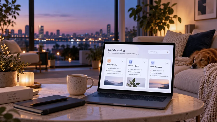 A laptop on a coffee table showing a weekly briefing, a decision queue and draft messages