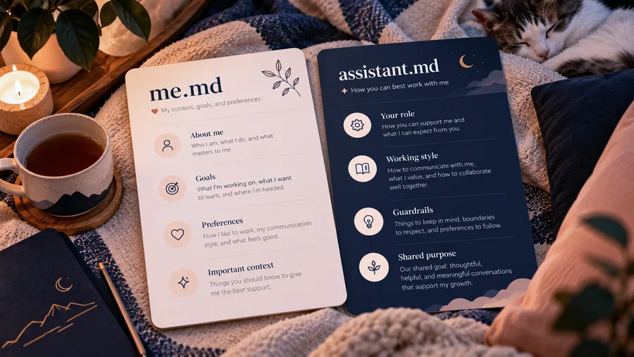 Two cards on a blanket, me.md and assistant.md, next to a cup of tea