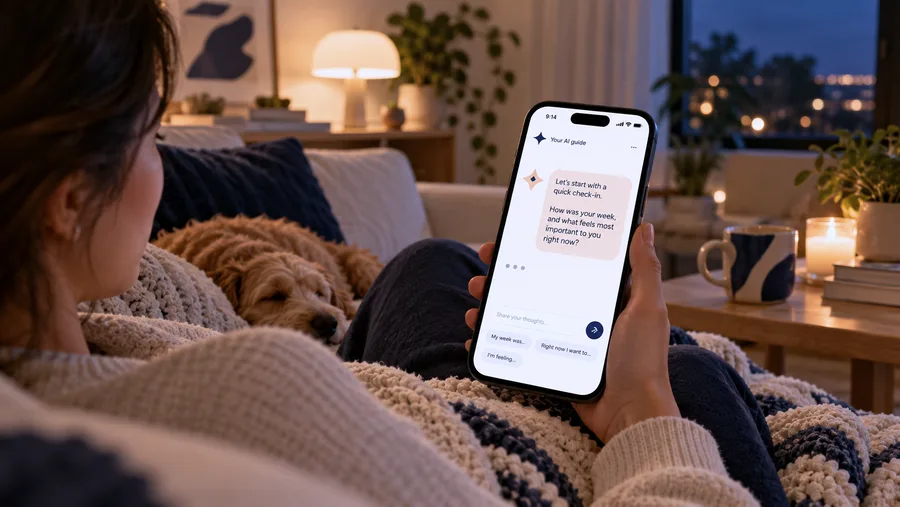 On the sofa in the evening, a phone open on the first interview question