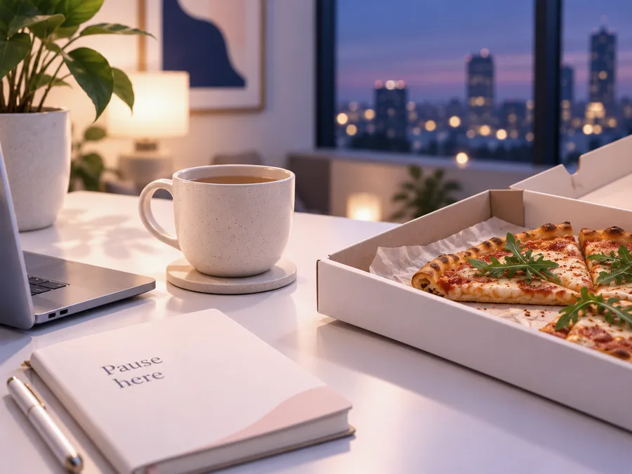 A notebook that says Pause here, a cup of tea and a pizza box on a table at dusk