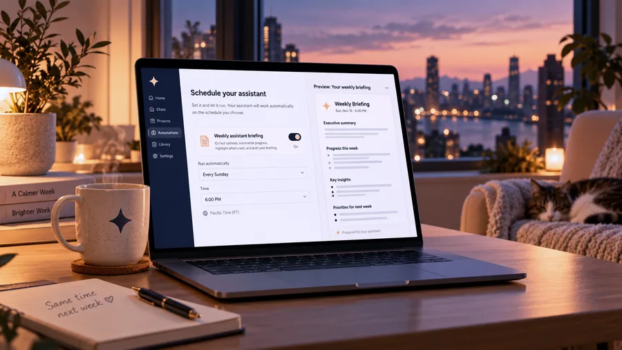 A laptop at dusk showing a weekly assistant briefing scheduled for Sundays at 6 pm