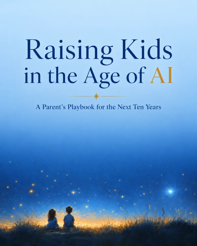 Cover of Raising Kids in the Age of AI: two children sitting in long grass under a field of stars.