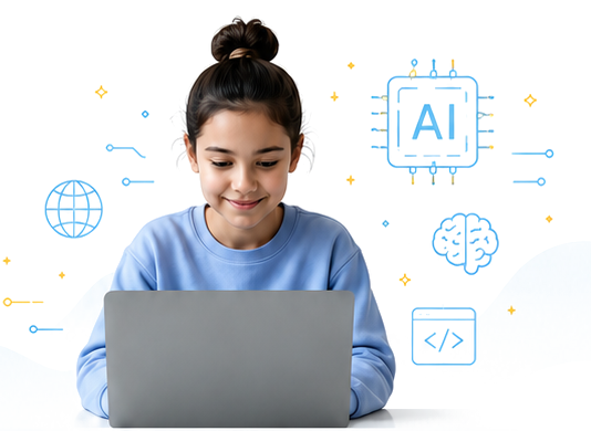 A girl smiling at her laptop, surrounded by small drawings of an AI chip, a globe, a brain and code.